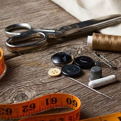SCISSORS, THIMBLE, NEEDLE, CHALK, THREAD, BUTTONS, TAPE, FABRIC, SEWING