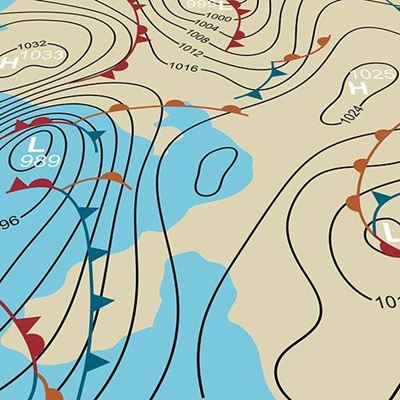 FORECAST, PRESSURE, DIAGRAM, WEATHER, ISOBARS, FRONTS, CHART, BLUE, WIND
