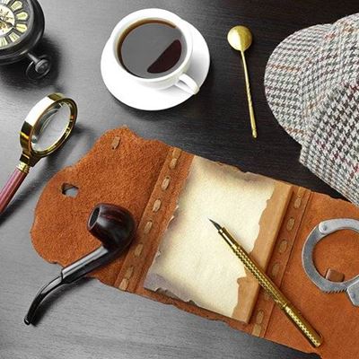 COFFEE, INVESTIGATE, CRIME, GLASS, PIPE, DETECTIVE, SLEUTH, MAGNIFYING, NOTEBOOK