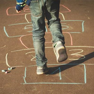 HOPSCOTCH, CHALK, GAME, NUMBERS, FIVE, THREE, YELLOW, SHADOW, JEANS