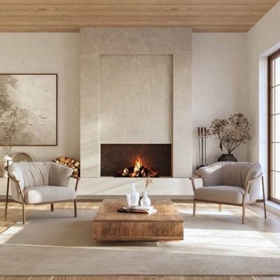 LIVINGROOM, LOGS, COFFEETABLE, PLANT, PICTURE, ARMCHAIRS, FLAMES, RUG, FRAME, FIREPLACE, ORNAMENT