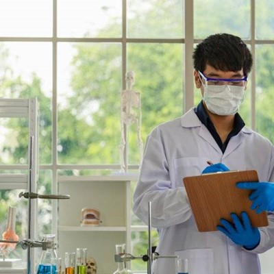 GLOVES, PEN, COAT, SKELETON, TESTTUBES, APPARATUS, POCKET, CLIPBOARD, GOGGLES, TEETH, SCIENCE, MASK