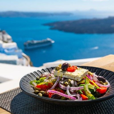 OLIVES, PLACEMAT, VIEW, OCEAN, ISLAND, GREEK, SALAD, FETA, ONION, BOWL, TOMATOES, CUISINE