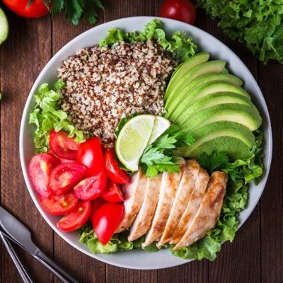 AVOCADO, QUINOA, LETTUCE, SLICED, PARSLEY, BOWL, TOMATO, CHICKEN, LIME, GREENS, SALAD, FRESH
