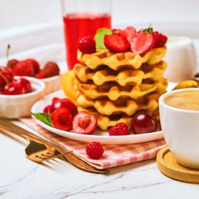WAFFLES, RASPBERRIES, JUICE, STACK, KNIFE, SWEET, BREAKFAST, CHERRIES, RAMEKIN, COASTER, FORK, STALK