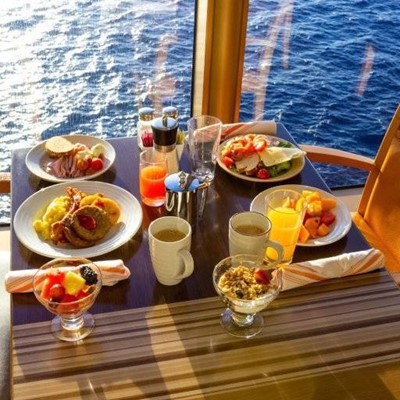 JUICE, GRANOLA, COFFEE, SALT, EGG, SELECTION, WATER, DINING, SUGAR, FRUIT, BREAD, HAM