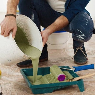 ROLLER, PAINT, DECORATING, BRACELET, ARMS, GREEN, TRAY, PAINTBRUSH, PLASTIC, SHOELACE, CROUCHING