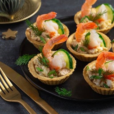TARTLET, CUCUMBER, STAR, KNIFE, CANAPE, PASTRY, SHRIMP, TAIL, FORK, GARNISH, BITESIZE
