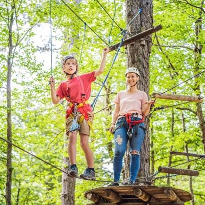 HELMET, TREES, FOREST, STRAPS, ZIPLINE, JEANS, HARNESS, SAFETY, ROPES, BALANCING, HEIGHT, SHORTS