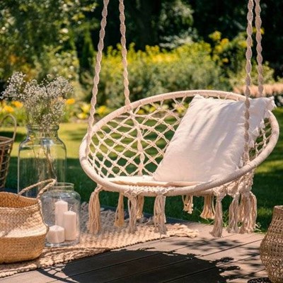 SWING, CHAIR, WICKER, DECK, SHADOW, JAR, GLASS, CUSHION, BASKET, RUG, GRASS, CANDLE