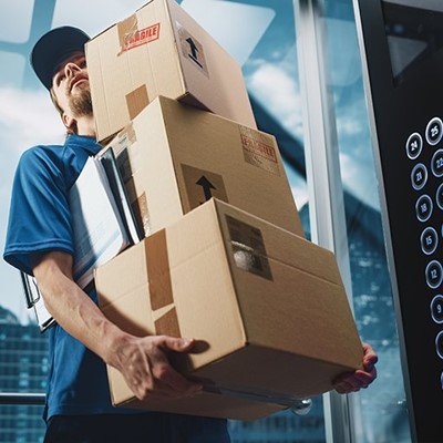 DELIVERY, BOXES, TAPE, FRAGILE, ARROW, PAPERWORK, COURIER, ELEVATOR, BUTTONS, NUMBERS, GLASS
