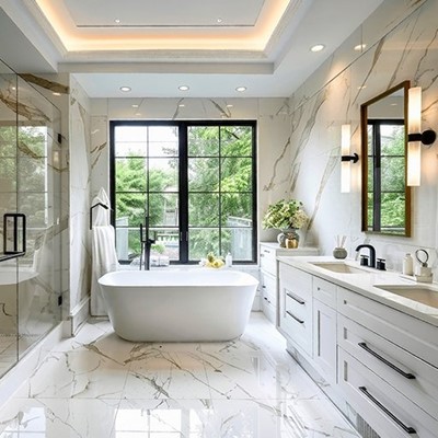 BATHTUB, SINK, MIRROR, PLANT, REFLECTION, MARBLE, WINDOW, TAPS, CABINET, LIGHT, SOAK, LEAVES