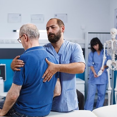 ADJUSTMENT, PATIENT, HAND, POSTER, BACK, SPINE, TREATMENT, SKELETON, SCRUBS, EXAMINATION, BEARD, POCKET