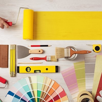 PAINTBRUSH, LEVELLER, SWATCHES, SCRAPER, TAPE, WOOD, PENCIL, ROLLER, YELLOW, SHADES, DESIGN