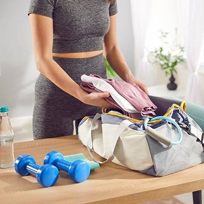 BAG, EXERCISE, HEALTH, FITNESS, BOTTLE, PLANT, CLOTHES, EQUIPMENT, PACKING, DUMBBELLS, LEGGINGS