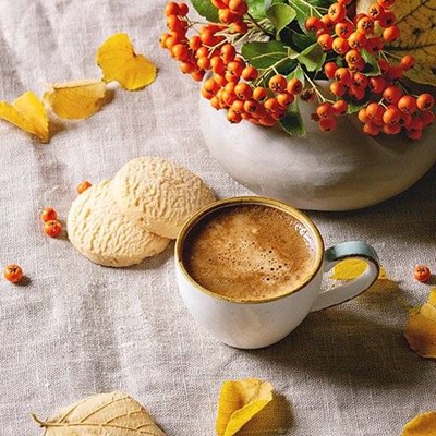 BERRIES, COFFEE, CLOTH, HANDLE, VASE, DRINK, FROTH, SHORTBREAD, LINEN, LEAF, CUP, LEAVES