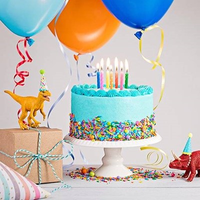 CAKE, PIPING, DINOSAUR, GIFT, BOW, FLAMES, CANDLES, FROSTING, TOYS, SPRINKLES, HATS, RIBBON