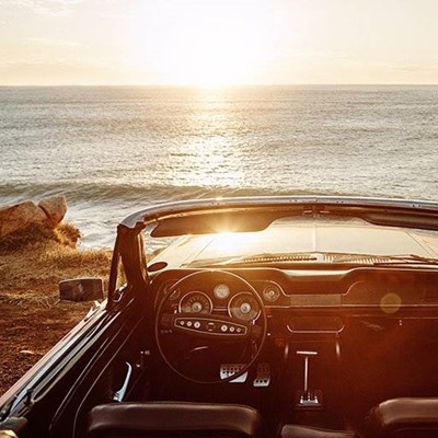 INTERIOR, RADIO, PEDALS, SEAT, CONVERTIBLE, VIEW, VINTAGE, CLASSIC, WHEEL, SUNSET, BEACH, MIRROR