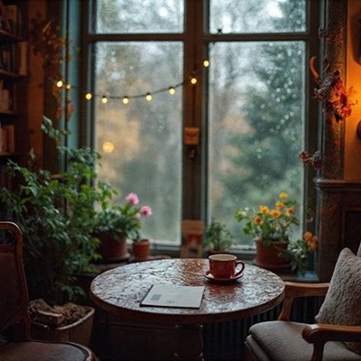 COZY, GLASS, TABLE, BOOKLET, LEAVES, RAINDROPS, CUP, WINDOW, BULBS, CHAIR, PETALS, SAUCER