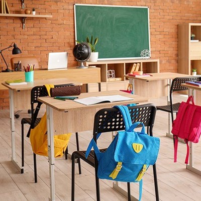 BACKPACK, BRICK, CHALKBOARD, TEXTBOOK, LEARNING, PENCILCASE, DESK, CHAIR, GLOBE, LAMP, CLASSROOM