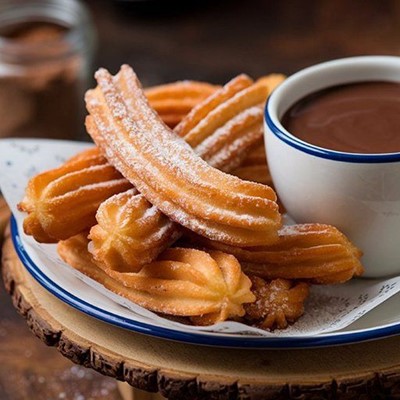 CHURROS, CHOCOLATE, DIPPING, PASTRY, SPANISH, FRIED, MUG, PLATE, SUGAR, DESSERT, PAPER, WOOD