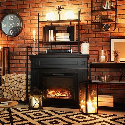 WARMTH, GIRAFFE, CLOCKFACE, PINEAPPLE, FRAME, LOGS, FIREPLACE, FLAMES, BOOKS, ORNAMENTS, CRATE