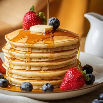 PANCAKES, FLUFFY, STRAWBERRY, JUG, LEAVES, BUTTER, STACK, SYRUP, BLUEBERRY, ROUND, SEEDS, BREAKFAST