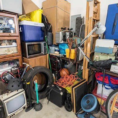 CLUTTER, COOLER, BALL, STRAP, STORAGE, PUMP, MICROWAVE, PLUNGER, BUCKET, CABLES, BAG, LADDER