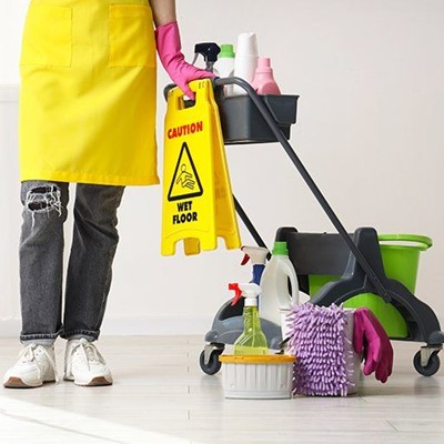 CLEANING, TROLLEY, CHEMICALS, BOTTLES, BUCKET, WARNING, SPRAY, SIGN, GLOVES, CLOTH, THREADS, HOLE