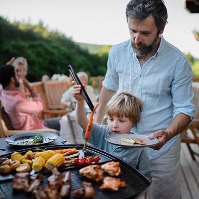 CORN, CARROT, PLATE, TONGS, DECKING, FENCE, BARBEQUE, MEAT, GRILL, COOKING, SUMMER, GATHERING
