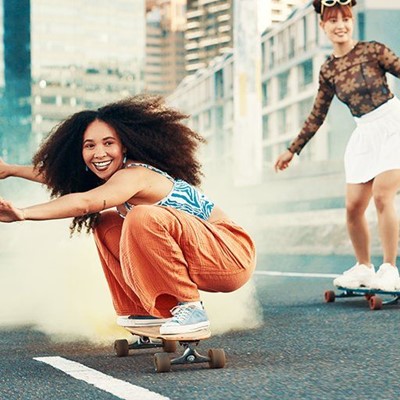 ROAD, CROUCHING, WHEELS, URBAN, SKIRT, SKATEBOARD, BALANCING, MARKINGS, JOY, FRIENDS, ACTIVE, SMOKE