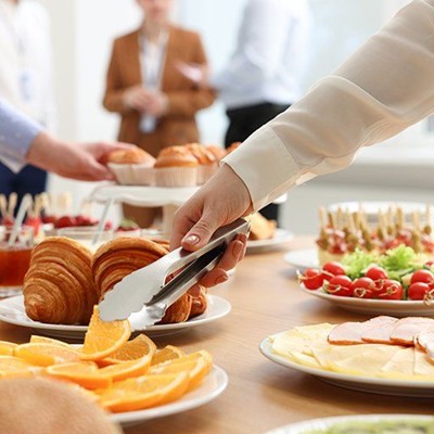 TONGS, SLICES, ORANGE, SLEEVE, MEAT, ARMS, CROISSANT, CHEESE, TOMATOES, SELECTION, BUFFET, MUFFIN