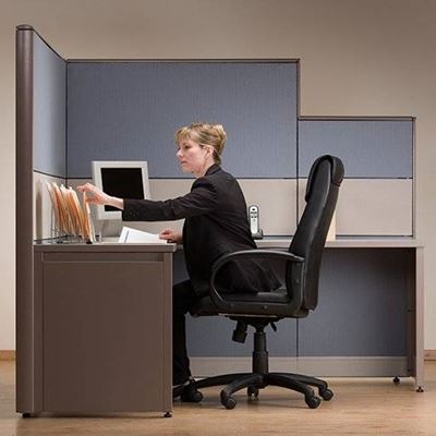 CUBICLE, EMPLOYEE, DESK, WOMAN, PAPERWORK, OFFICE, CHAIR, TELEPHONE, SUIT
