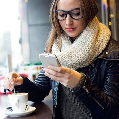 COFFEE, PHONE, GLASSES, SCARF, GIRL, LEATHER, JACKET, CAFE