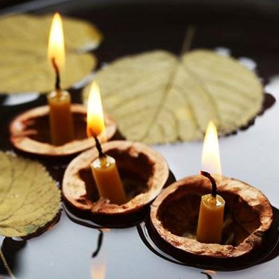 CANDLE, FLAME, FLOATING, WICK, VEINS, BOWL, LEAF, NUTSHELL, WATER, BURNING, FIRE, WAX