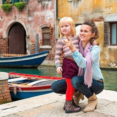 VENICE, CANAL, BOAT, MOTHER, SCARF, ARCH, BOOTS, POINTING