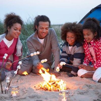 FAMILY, CAMPING, SAND, FLAMES, BLANKET, TENT, MARSHMALLOW, CANDLE, FIRE