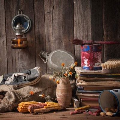 CORN, FLOWERS, DRIED, PAINTBRUSH, PAPERS, SHOELACE, LAMP, SACK, BOOKS