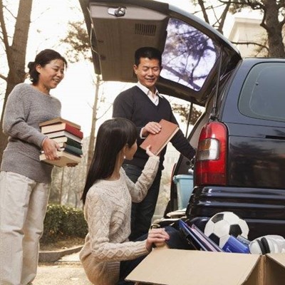 CAR, BALL, BOX, CARDBOARD, FAMILY, SWEATER, TREE, BOOKS, HEDGE, TAILLIGHT, HATCHBACK