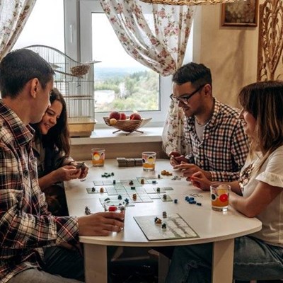 BOARDGAME, WINDOW, PIECES, FRIENDS, COUPLES, VIEW, BIRDCAGE, DRINKS, FRUIT, GLASSES, PLAID, TILES