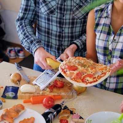 TOPPINGS, ROLLINGPIN, WHISK, KNIFE, TOMATO, BOARD, CHEESE, PIZZA, GRATER, ONION, DOUGH, SNEAKERS