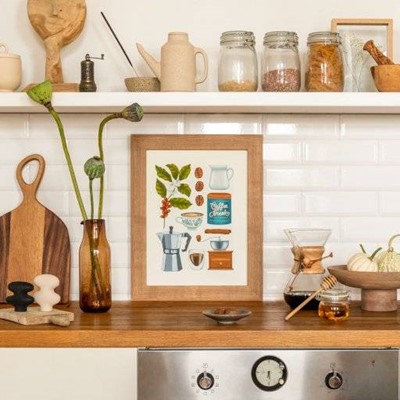 COUNTERTOP, INCENSE, SHELF, VASE, JARS, PICTURE, KITCHEN, OVEN, CLOCK, DIALS, TILES, FLOWERS