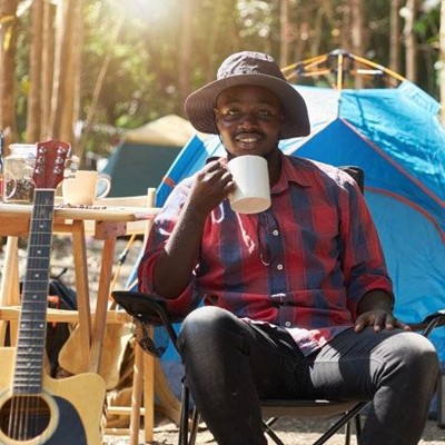 CAMPING, OUTDOORS, CHAIR, NATURE, SUNSHINE, TENT, MUG, GUITAR, FOREST, DRINK, TABLE