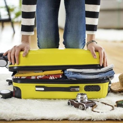 WHEELS, CAMERA, FLOORING, STRIPES, SUITCASE, HANDLE, CLOTHING, JEANS, RUG