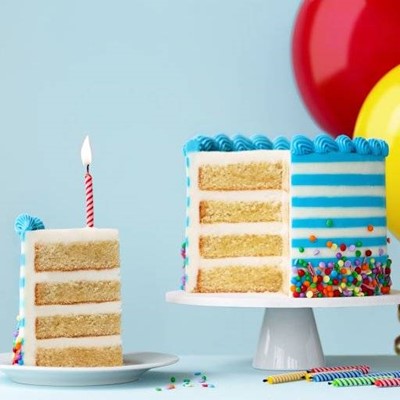 SPONGE, FLAME, BALLOON, SPRINKLES, PIPING, STRIPES, LAYERS, CANDLE, FROSTING, WICK, PLATE