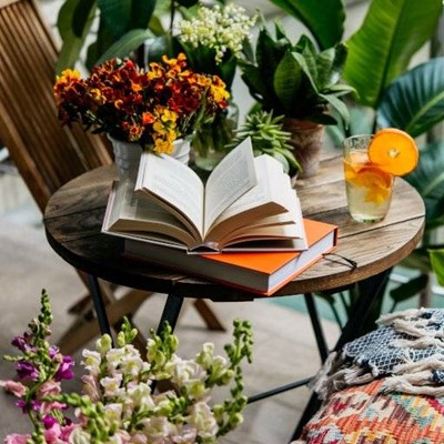 BOOKS, PAGES, FLOWERS, DRINK, BLANKET, FOLIAGE, LEAVES, READING, ORANGE, TABLE, SLICE, POTS, CHAIR