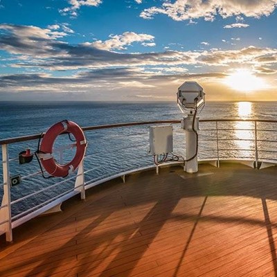 CRUISE, RAILINGS, DECK, HORIZON, VOYAGE, SUNSET, OCEAN, VACATION, LIFEBUOY, CLOUDS, SHIP, RIPPLES