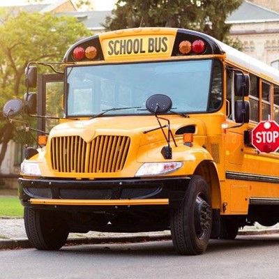 WINDSHIELD, WHEELS, HEADLIGHTS, STOPSIGN, GRILL, BUS, MIRRORS, TREES, BUILDING, SCHOOL, PUPILS