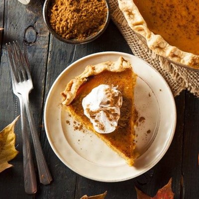 PUMPKIN, LEAF, SLICE, PASTRY, WHIPPED, CRUMBS, PIE, CINNAMON, CREAM, FORKS, PLATE, DESSERT