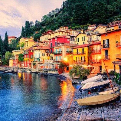 CLOUDS, VILLA, WATERFRONT, TOWN, LIGHTS, SHUTTERS, COBBLESTONE, LAKE, BOATS, EVENING, TREES